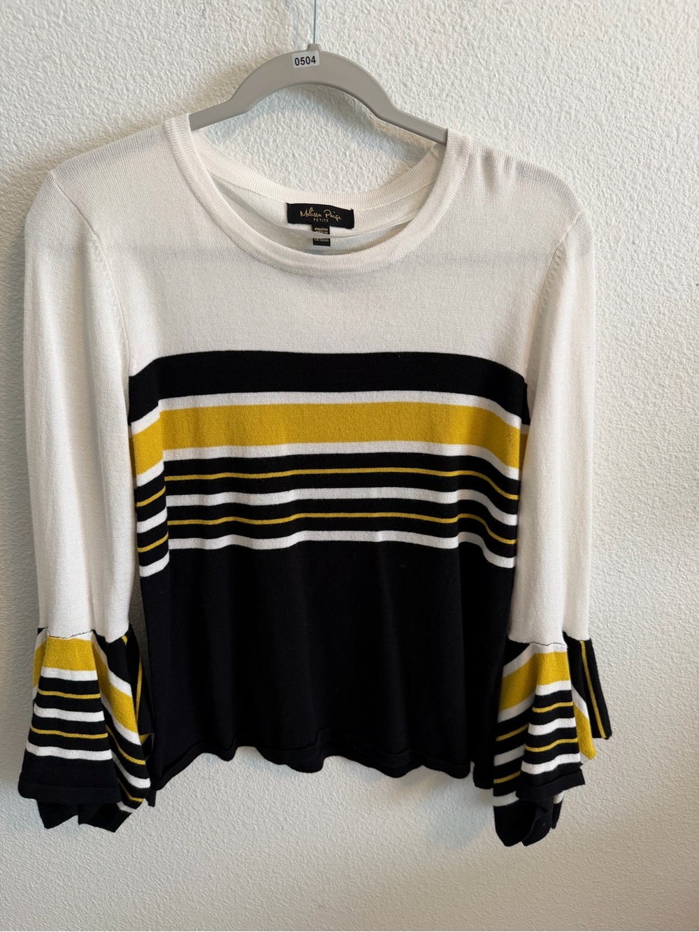 Melissa Paige White, Black & Yellow Striped Bell-Sleeve Knit Top